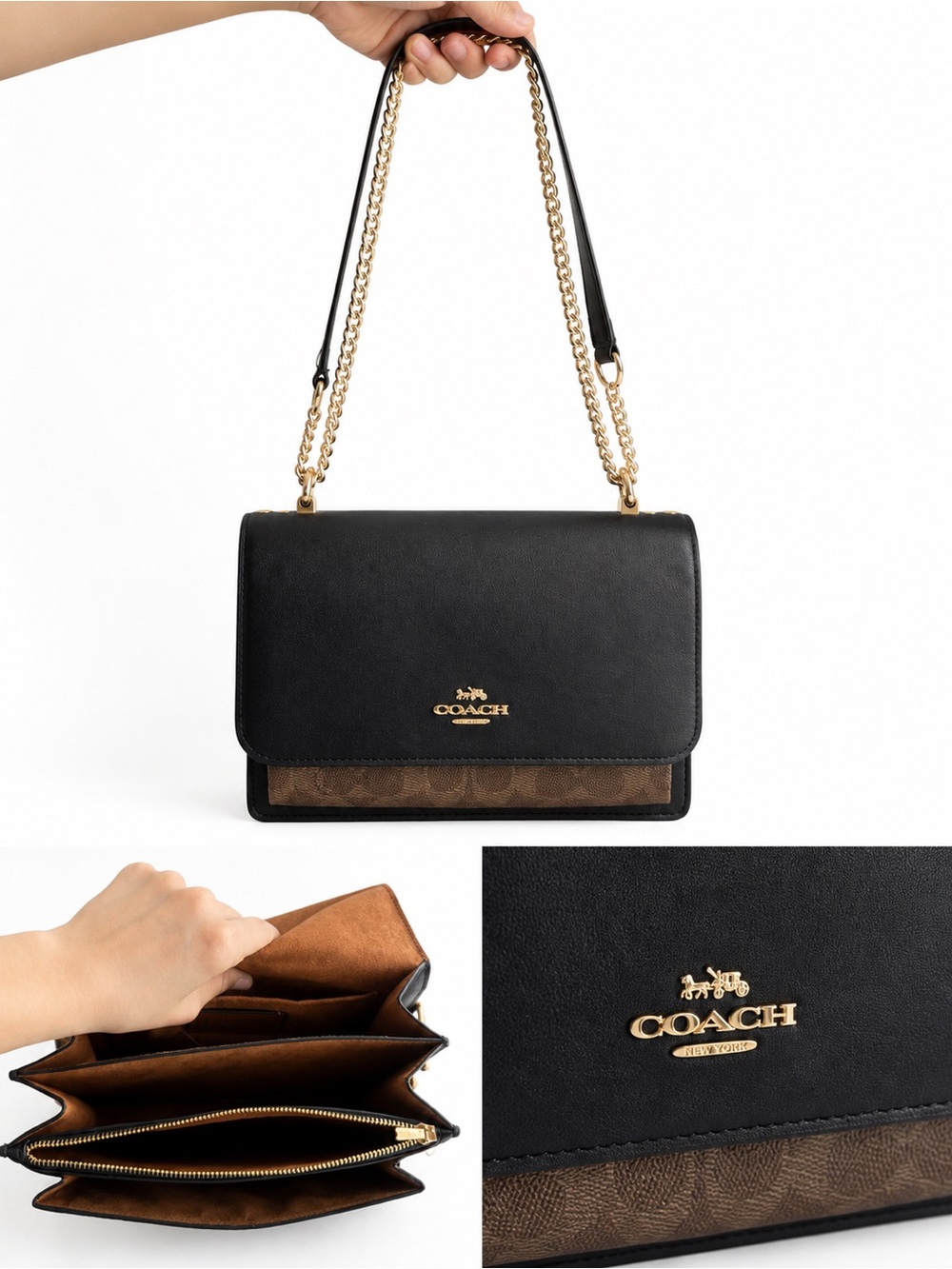 COACH Black and Brown Signature Leather Chain Shoulder Bag
